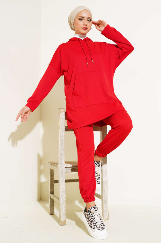 Red Hooded Two-Piece Set with Elastic Cuffs