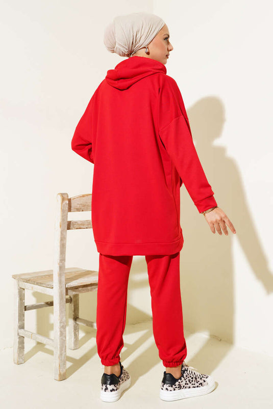 Red Hooded Two-Piece Set with Elastic Cuffs