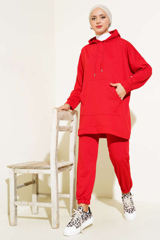 Red Hooded Two-Piece Set with Elastic Cuffs