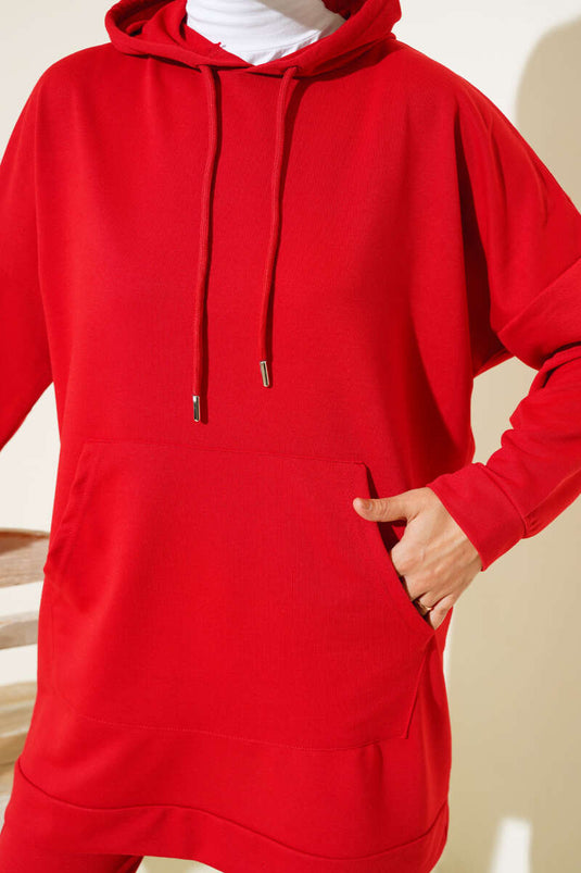 Red Hooded Two-Piece Set with Elastic Cuffs