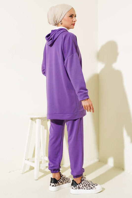 طقم من قطعتين بغطاء رأس وأرجل مرنة - أرجواني