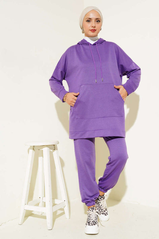 طقم من قطعتين بغطاء رأس وأرجل مرنة - أرجواني