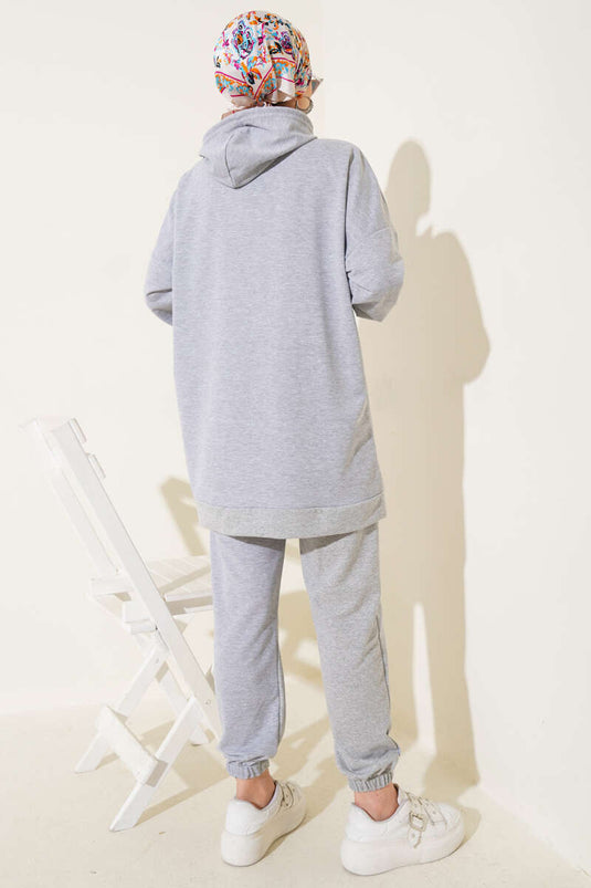 Paça Lastikli Kapüşonlu İkili Takım Melanj Gri