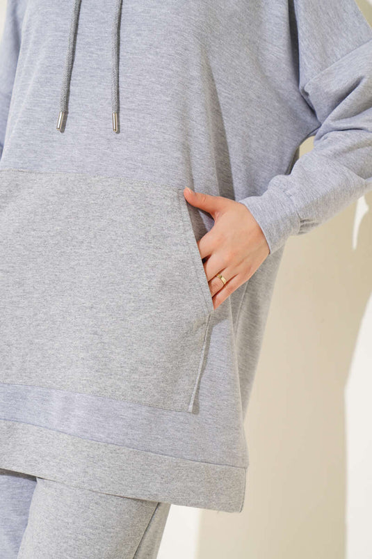 Paça Lastikli Kapüşonlu İkili Takım Melanj Gri