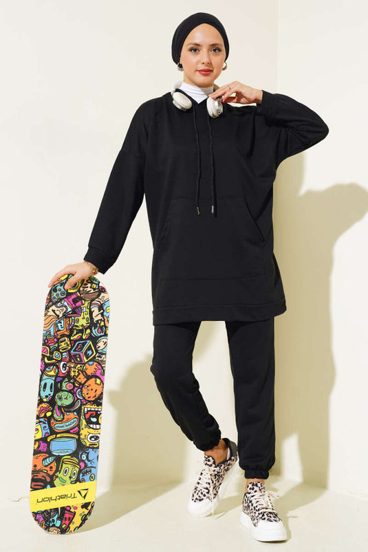 Hooded Two-Piece Set with Elastic Cuffs Black