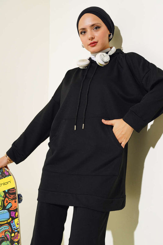 Hooded Two-Piece Set with Elastic Cuffs Black