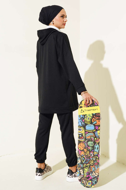 Hooded Two-Piece Set with Elastic Cuffs Black