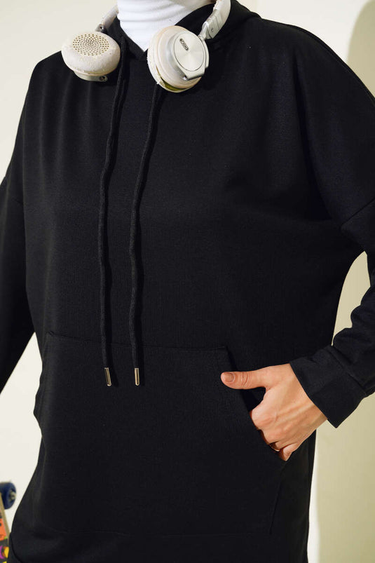 Hooded Two-Piece Set with Elastic Cuffs Black