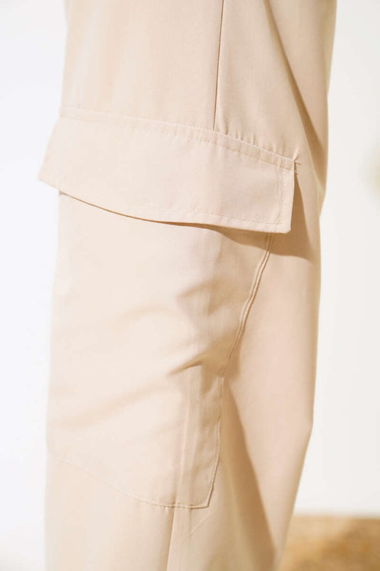 Beige Cargo Pocket Pants with Elastic Cuffs