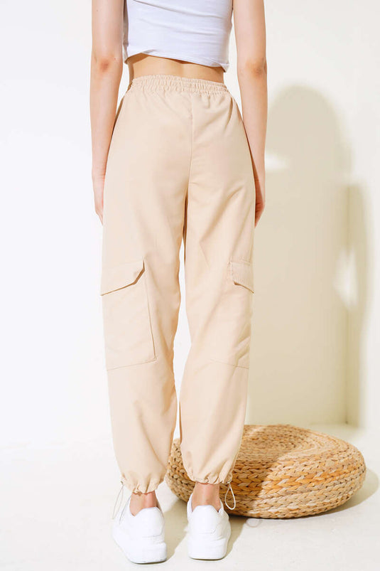 Beige Cargo Pocket Pants with Elastic Cuffs