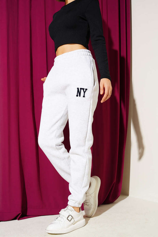 Nylon Printed Trousers with Elasticated Cuffs, Melange Grey