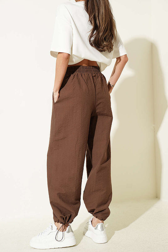 Pantalon Jogger Parachute à Taille Élastique Marron