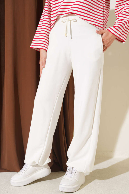 Pantalon Élastiqué En Trois Couches Couleur Crème
