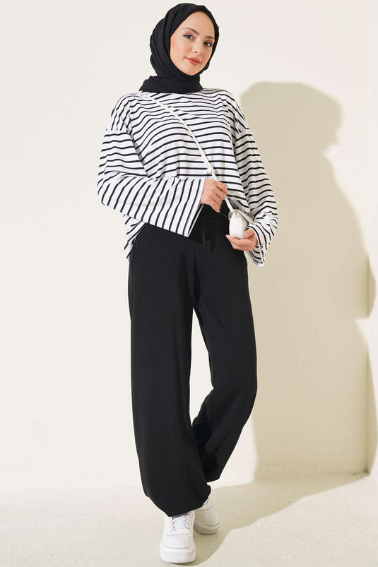 Black Melange Triple Yarn Pants With Elastic Cuffs