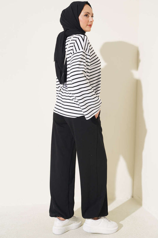 Black Melange Triple Yarn Pants With Elastic Cuffs