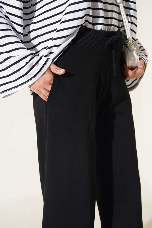 Black Melange Triple Yarn Pants With Elastic Cuffs