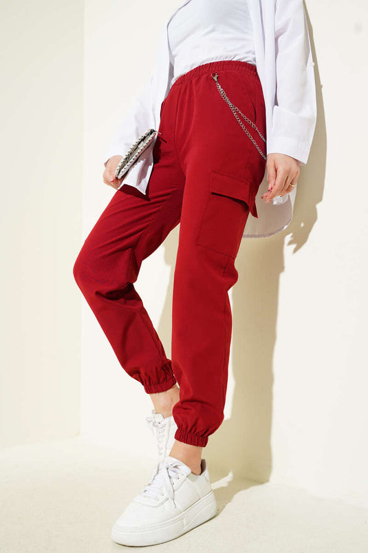 بنطلون كارجو بسلسلة مرنة للساق باللون الأحمر الداكن
