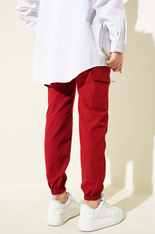 بنطلون كارجو بسلسلة مرنة للساق باللون الأحمر الداكن