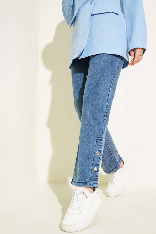 Paça Metal Düğmeli Pantolon Kot