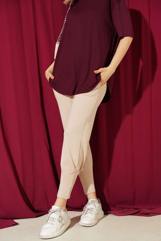 Scuba Trousers with Pleated Cuffs and Elastic Waistband Beige