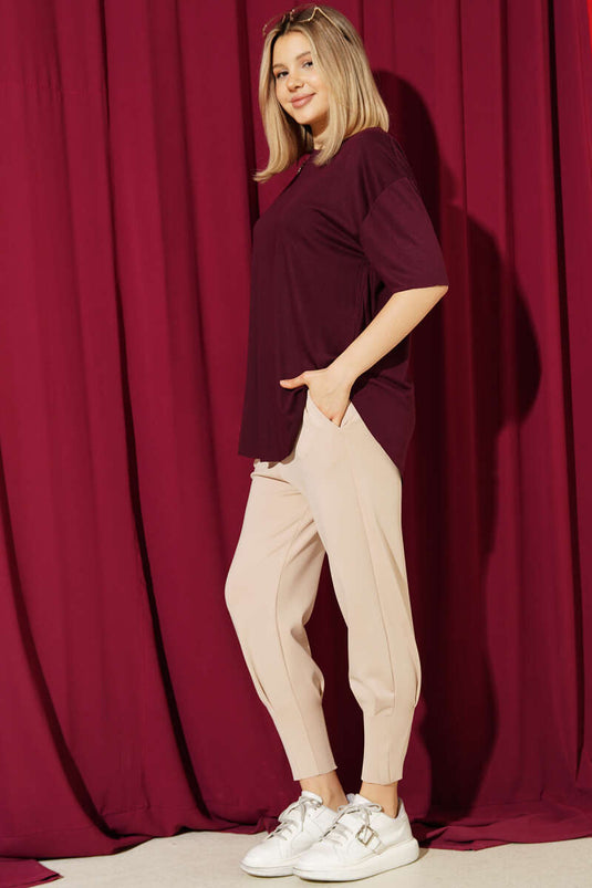 Scuba Trousers with Pleated Cuffs and Elastic Waistband Beige