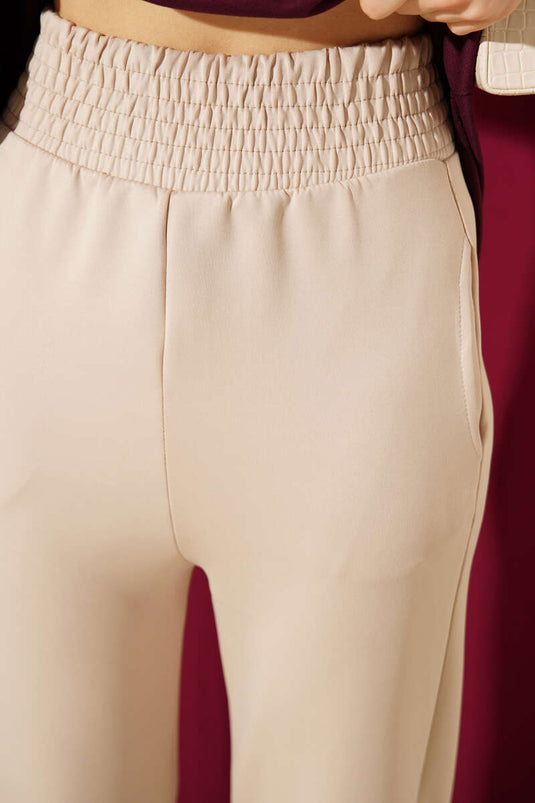 Scuba Trousers with Pleated Cuffs and Elastic Waistband Beige
