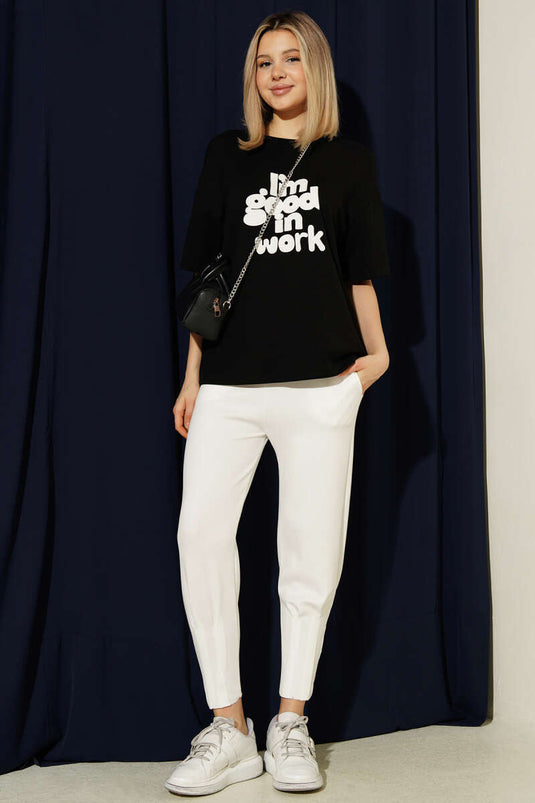 Tapered Leg, Pleated, Elastic Waist Scuba Trousers White