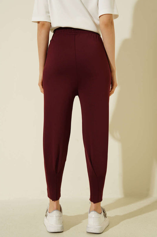 Tapered Leg, Waist Elastic Scuba Pants Burgundy