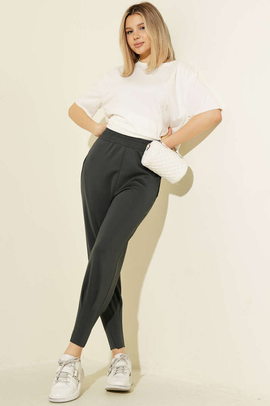 Scuba Trousers with Pleated Cuffs and Elastic Waist, Smoke Color