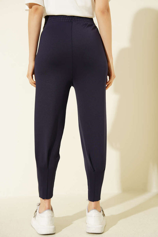Scuba Pants with Pleated Cuffs and Elastic Waistband Navy Blue