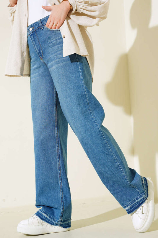 Jean palazzo à pompons sur les jambes, bleu clair