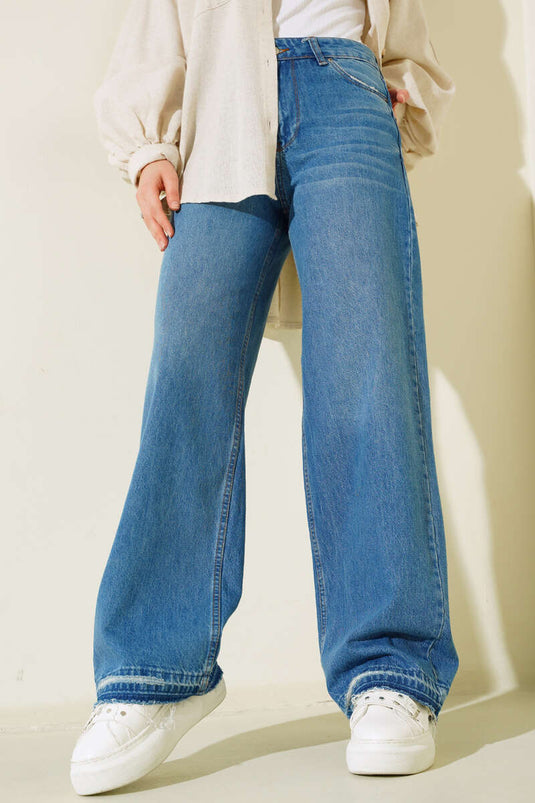 Jean palazzo à pompons sur les jambes, bleu clair