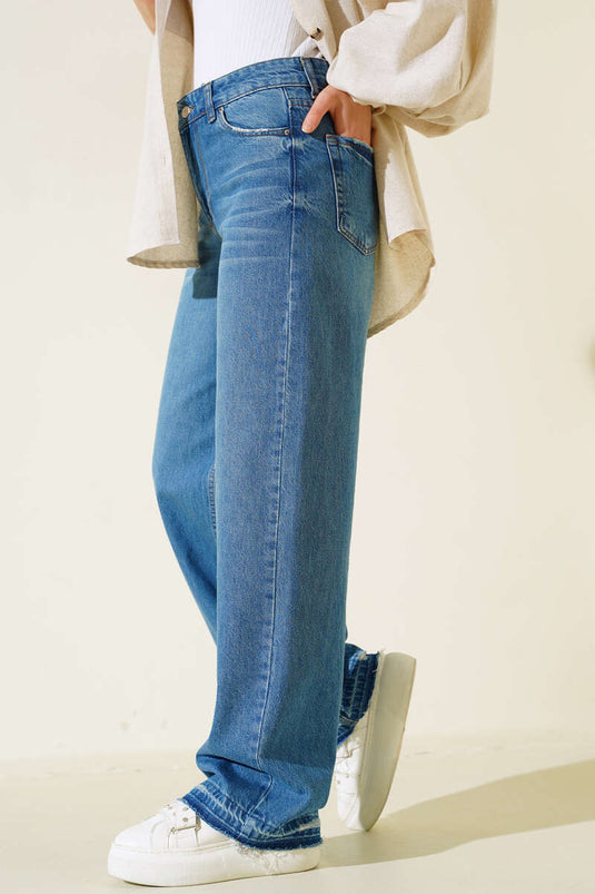 Jean palazzo à pompons sur les jambes, bleu clair