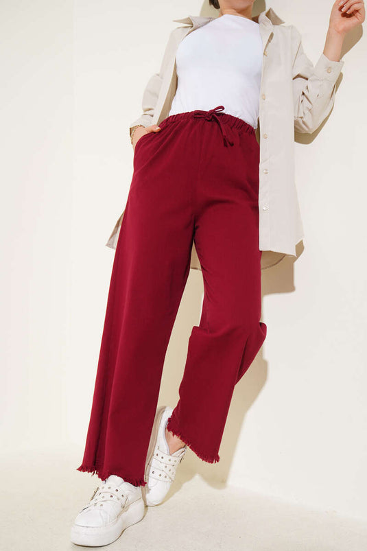 Paça Püsküllü İp Bağcık Detaylı Pantolon Bordo
