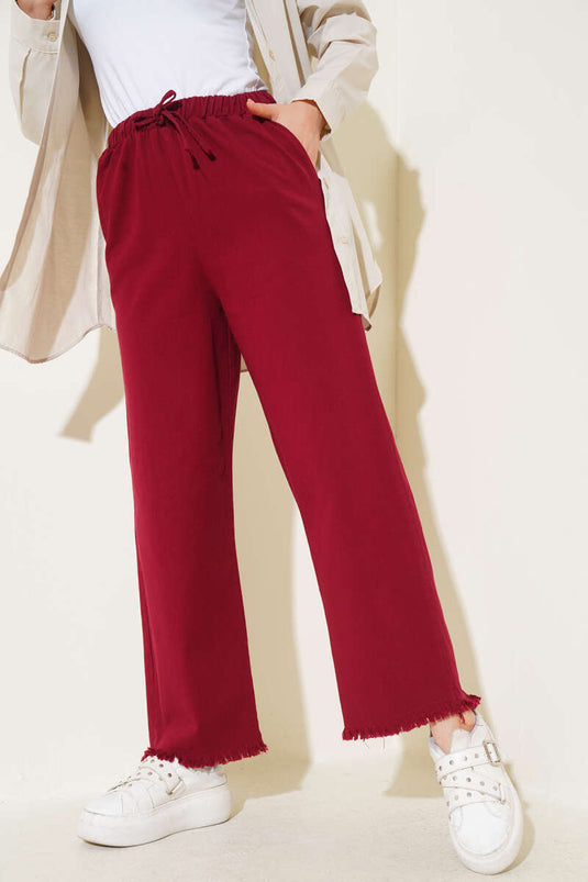 Paça Püsküllü İp Bağcık Detaylı Pantolon Bordo