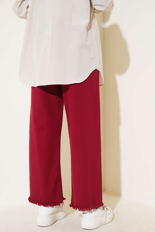 Paça Püsküllü İp Bağcık Detaylı Pantolon Bordo