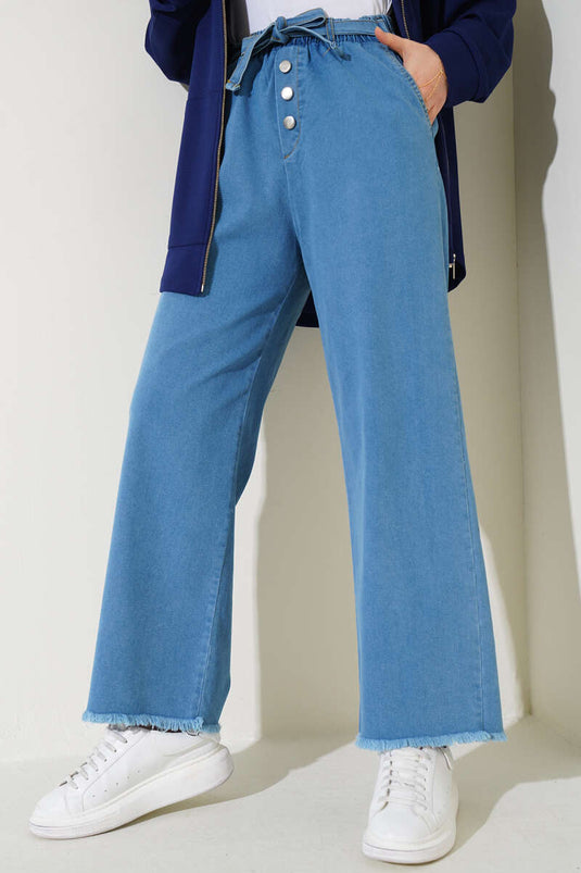 Jeans mit Gürtel und Quastensaum Denimblau