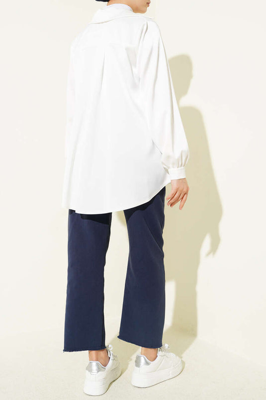 Pantalon en gabardine bleu marine avec taille élastique et franges