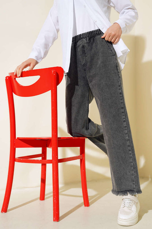 Fringed Loose Fit Denim Pants Charcoal