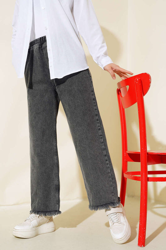 Fringed Loose Fit Denim Pants Charcoal