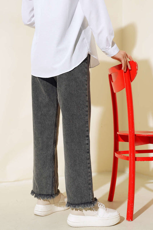 Paça Püsküllü Salaş Kot Pantolon Füme