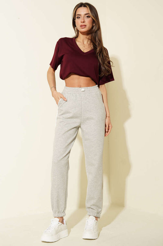 Gray Loyşa Pants with Elastic Waist and Ankles