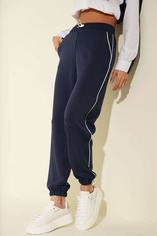 Pantalon Loyşa à taille et chevilles élastiques, bleu marine