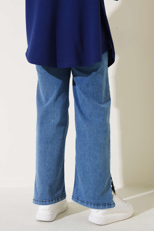 Jeans mit Steinen an der Seite des Beins, Denimblau