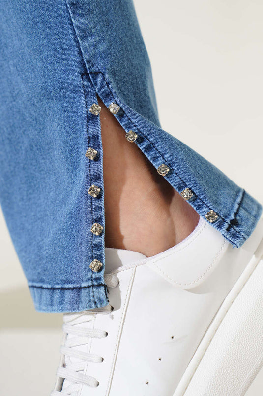 Jeans mit Steinen an der Seite des Beins, Denimblau