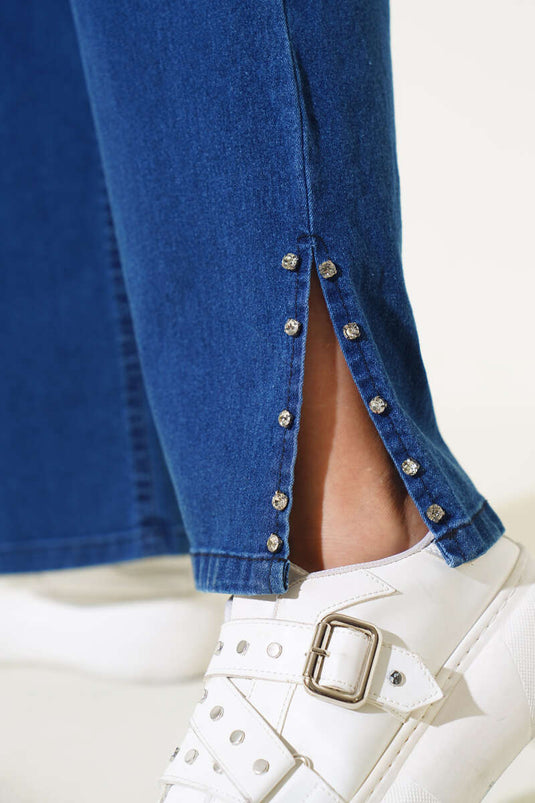 Stone-Embellished Side Panel Denim Pants Navy Blue