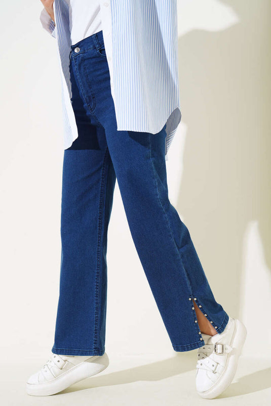 Jeans con Piedras en los Lados de las Piernas Azul Marino