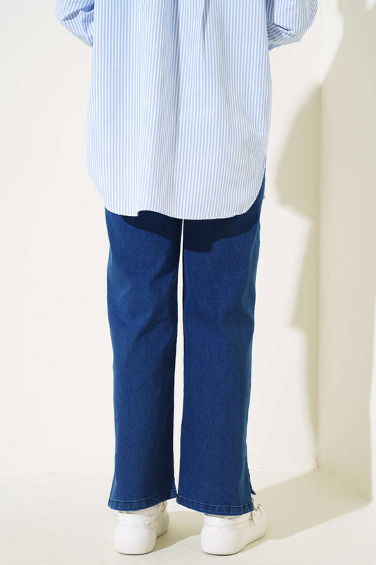 Stone-Embellished Side Panel Denim Pants Navy Blue