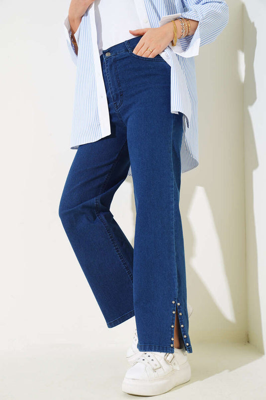 Jeans con Piedras en los Lados de las Piernas Azul Marino