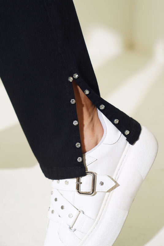 Stone-Embellished Side Panel Denim Pants Black